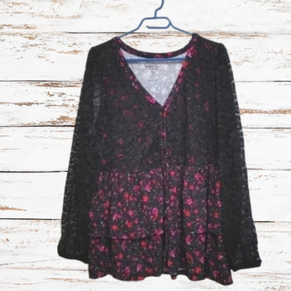 torrid Black Floral Lace-Overlay Peasant Blouse with Pink Flowers
